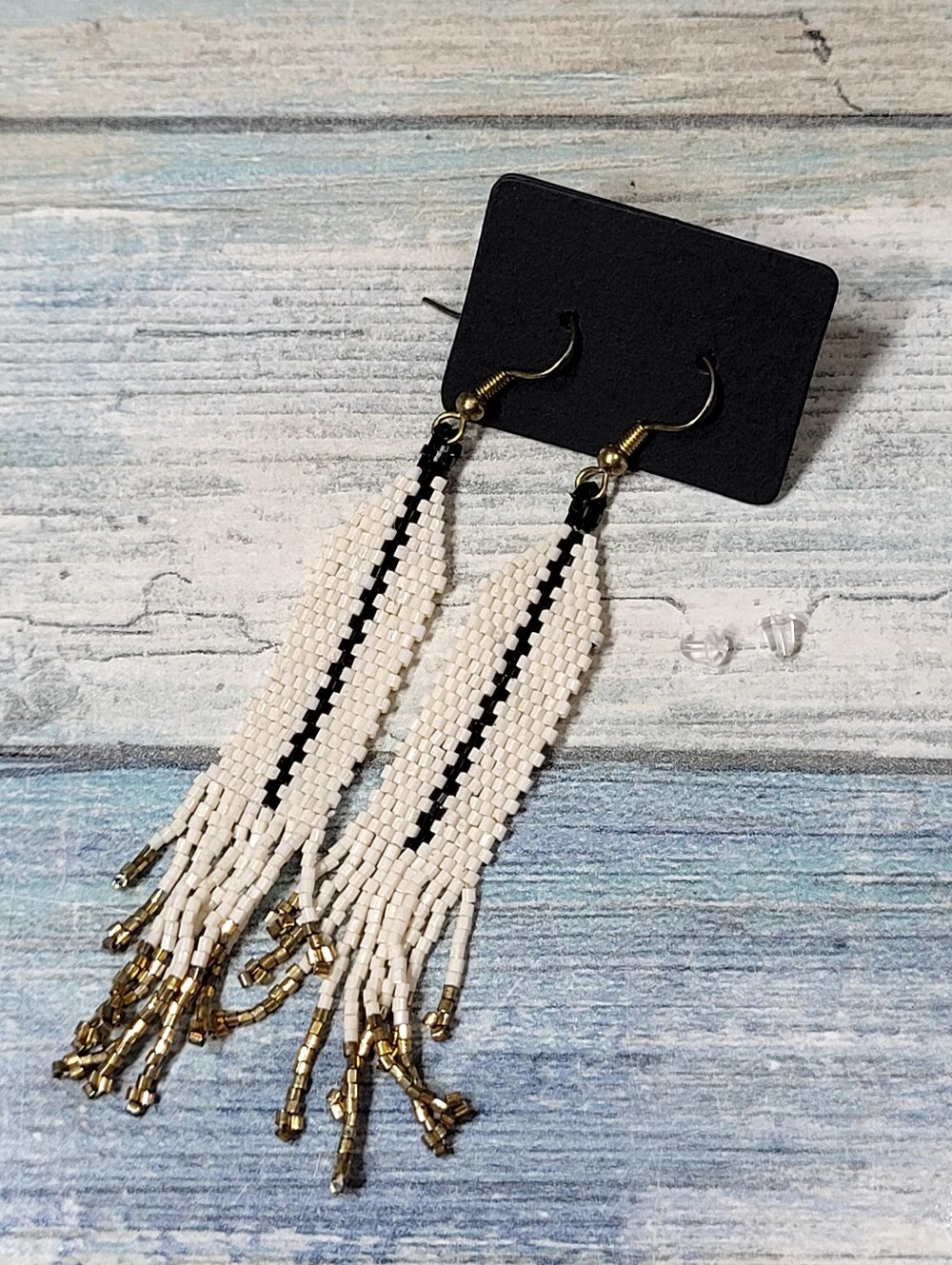 White and Black Seed Beaded Fringe Earrings with Gold Accents